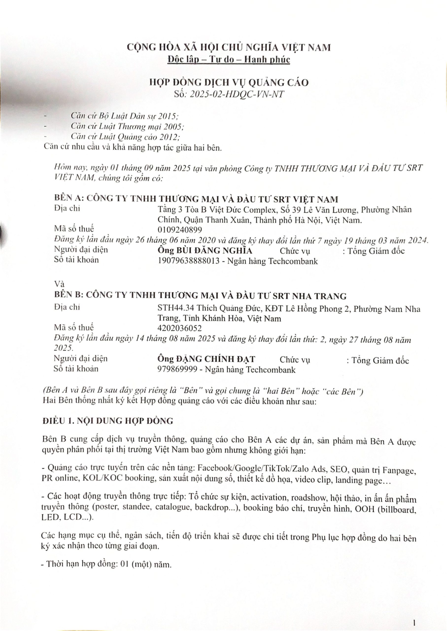 Hợp đồng dịch vụ Quảng cáo giữa SRT Việt Nam và SRT Nha Trang