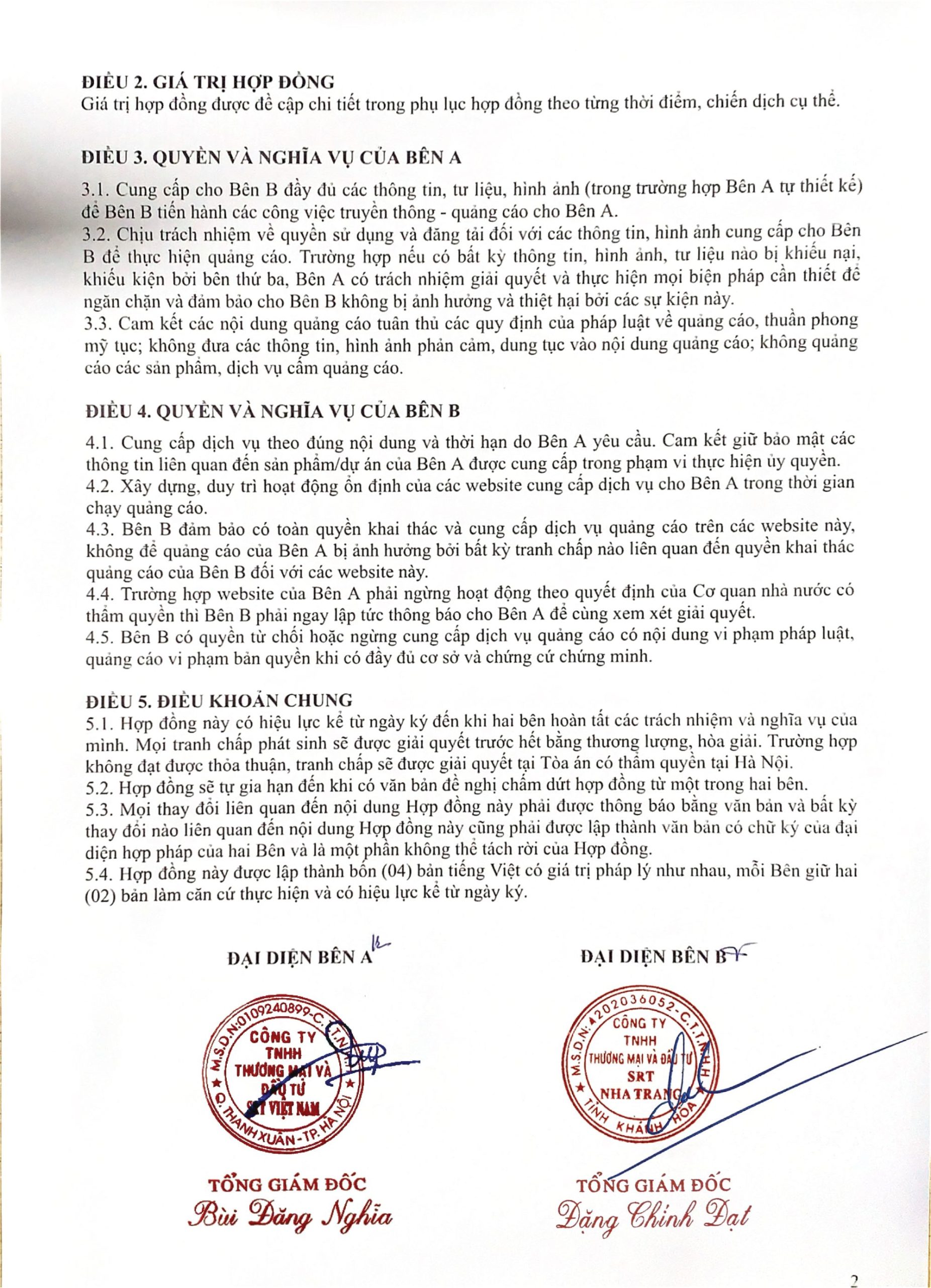 Hợp đồng dịch vụ Quảng cáo giữa SRT Việt Nam và SRT Nha Trang